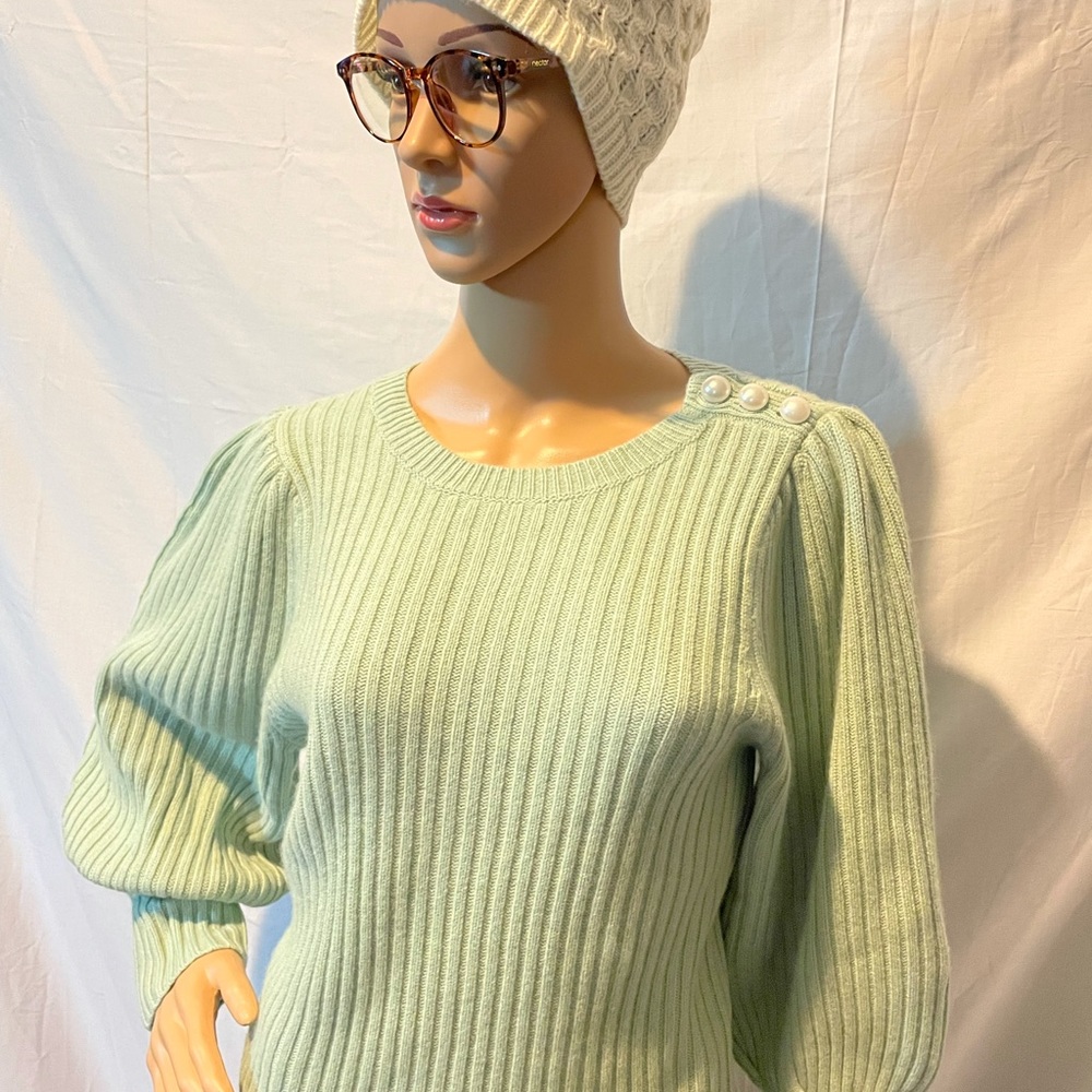 Mint green Halogen x Atlantic- Pacific sweater with pearl shoulder buttons